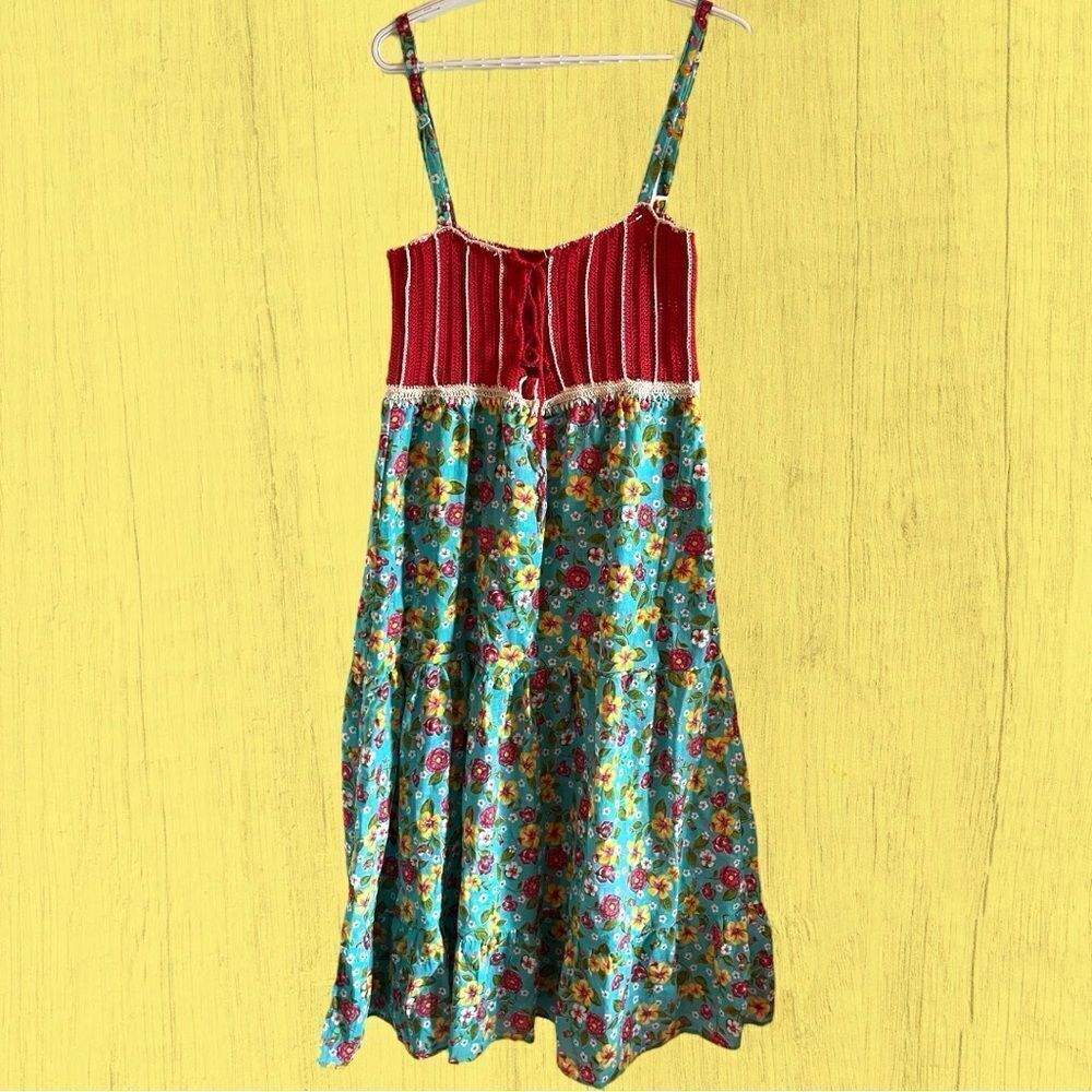 70s vintage crochet lace up dress floral tiered skirt - Picture 4 of 10